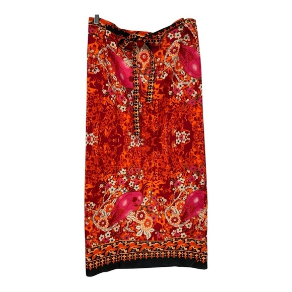 Handmade Floral and Bird Wrap Skirt. Colors orange, pink, black and cream. - Picture 1 of 11